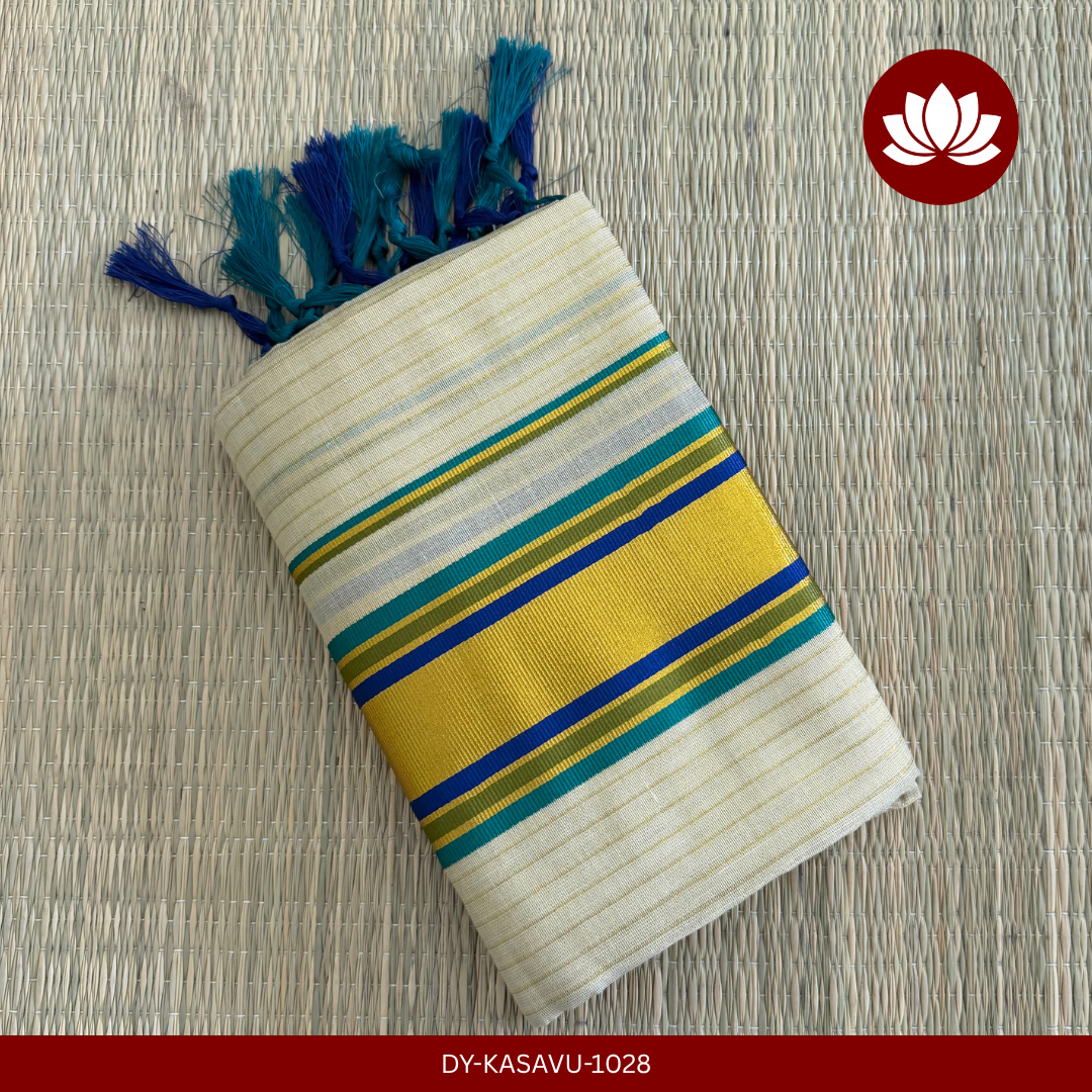 Kasavu Series: Golden Lines Kasavu Set mund with Blue, Parrot Greeen and Sea blue combo 2.8mt