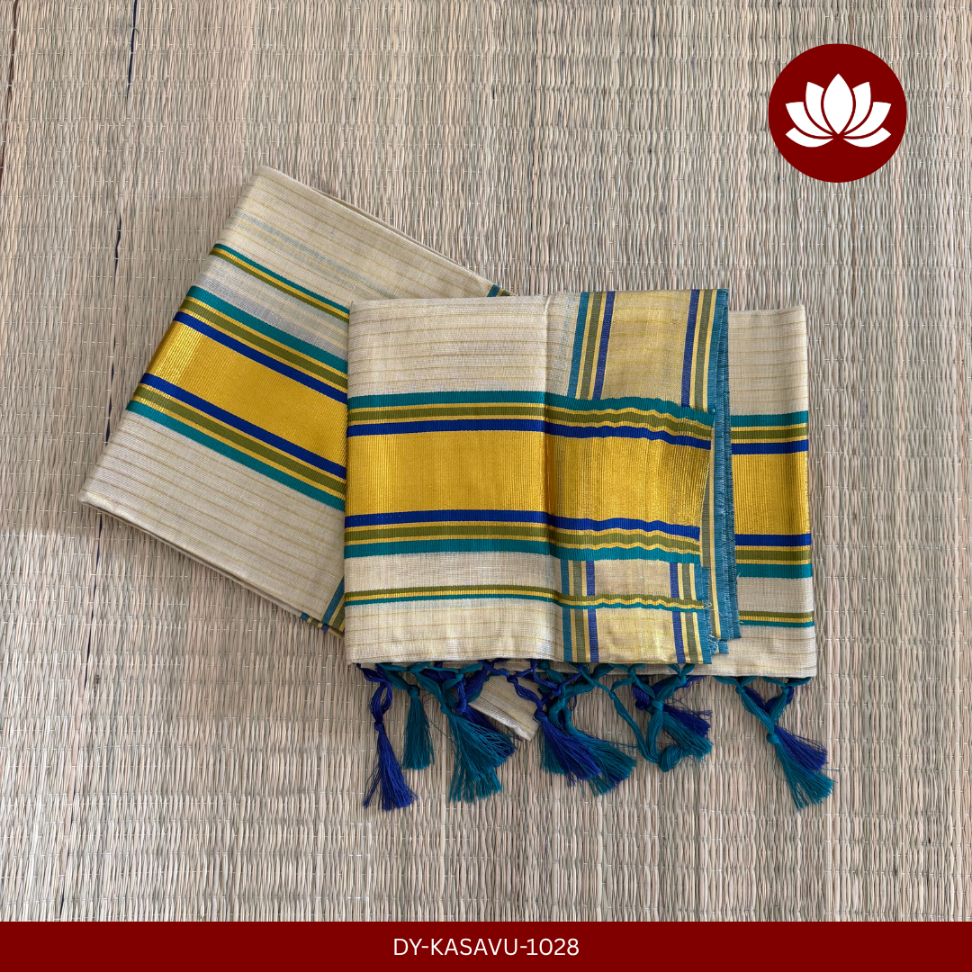 Kasavu Series: Golden Lines Kasavu Set mund with Blue, Parrot Greeen and Sea blue combo 2.8mt