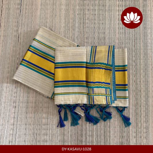 Kasavu Series: Golden Lines Kasavu Set mund with Blue, Parrot Greeen and Sea blue combo 2.8mt