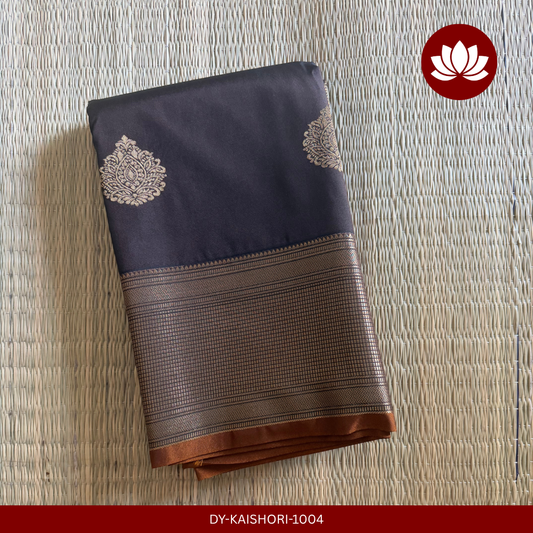 Parampara Series: Dark Brown Semi Silk Kanchipuram Saree with Rust Orange Border & Paisley Buttas