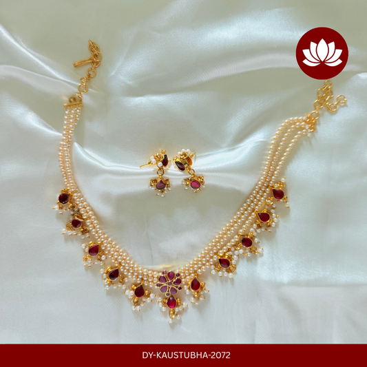 Adhunika Series: Ruby and Pearl Necklace with Matching Earrings.