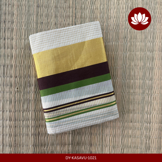 Kasavu Series:  Checked  Set Mund Dark Brown and Green with Kasavu Border 2.8m