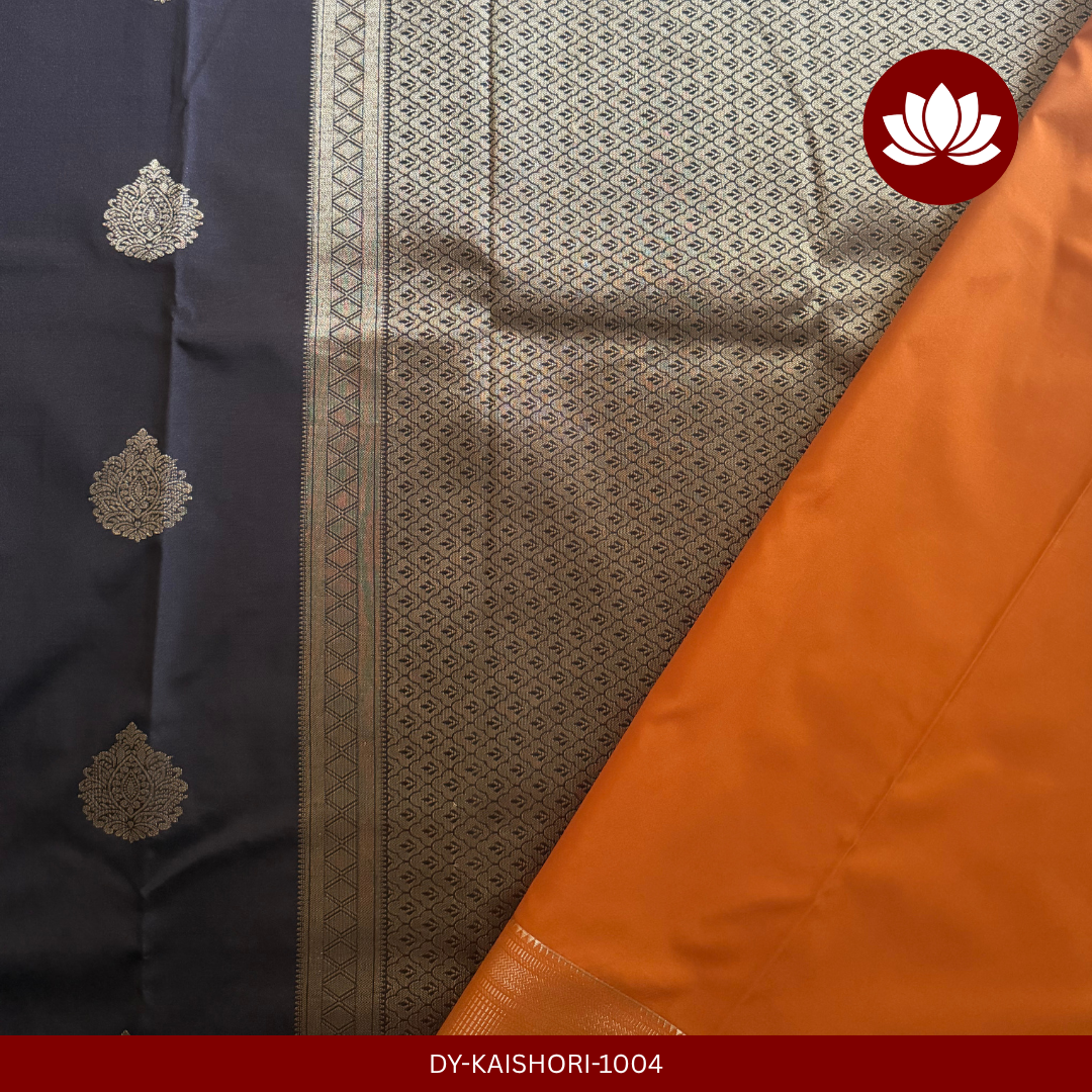 Parampara Series: Dark Brown Semi Silk Kanchipuram Saree with Rust Orange Border & Paisley Buttas