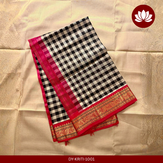 Kriti Series: Black and White Checked Cotton-Silk Saree with Majenta Border