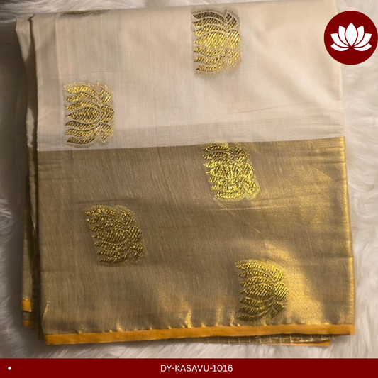 Kasavu Series: Kasavu Saree With Lotus Design And Kasav Border