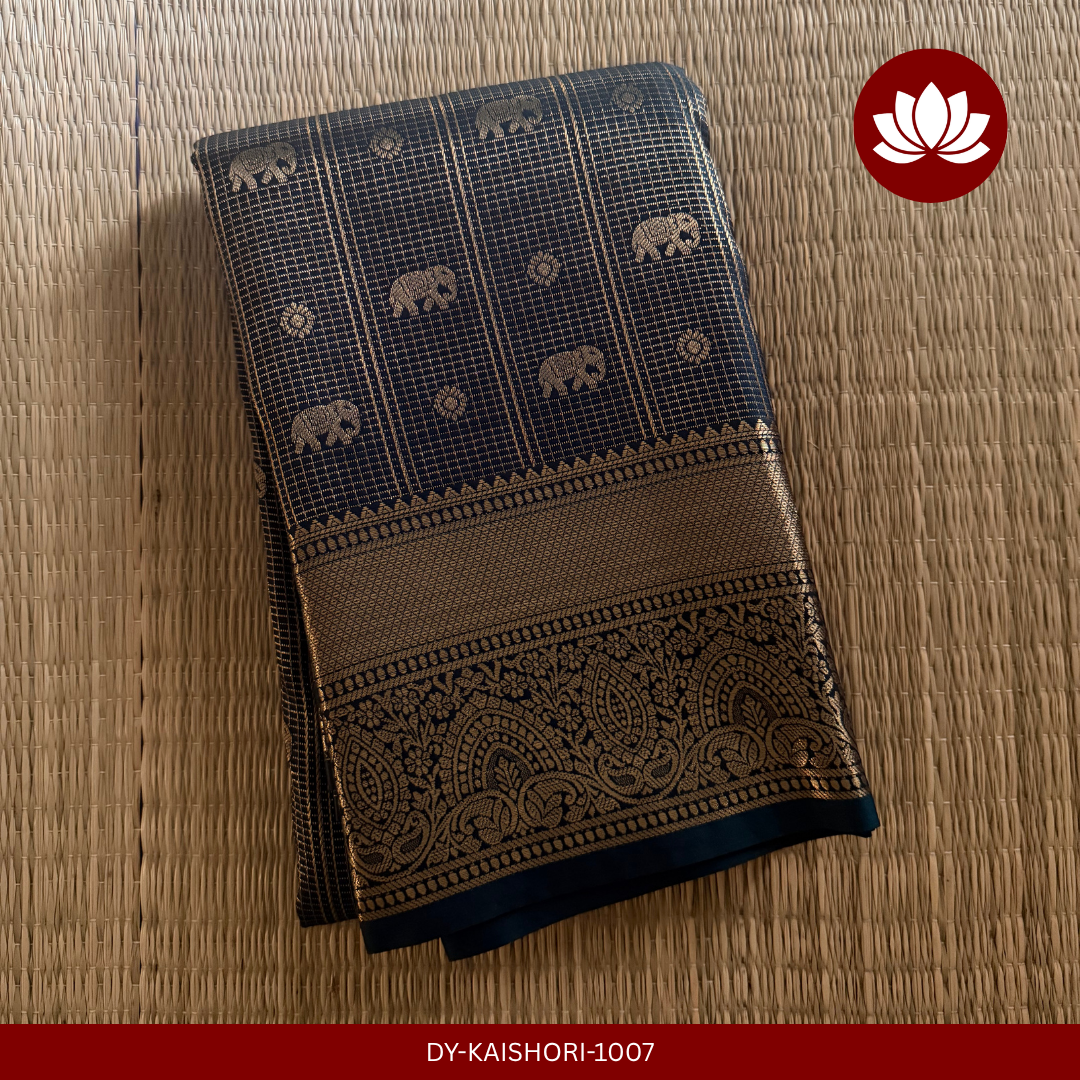 Parampara Series: Micro-Checked Light Navy Blue/Ash Colour Combination with Elephant Pattern Semi-Silk Saree