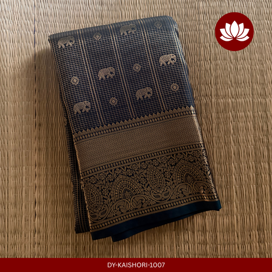 Parampara Series: Micro-Checked Light Navy Blue/Ash Colour Combination with Elephant Pattern Semi-Silk Saree