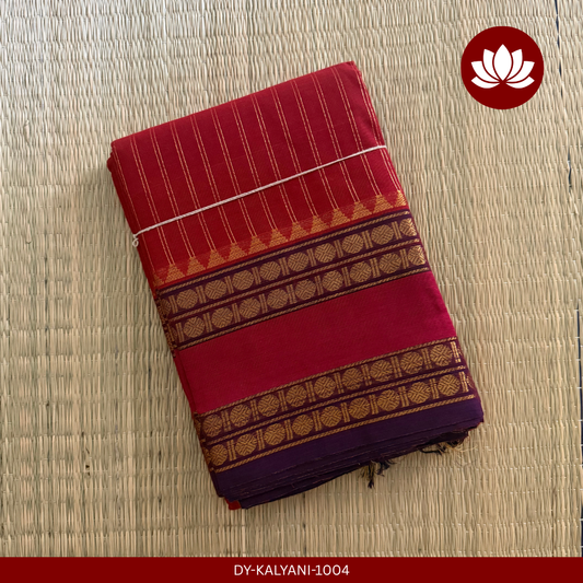 Rekha Series:  Crimson Red/ Orange with Violet and Pink Colour Combo Cotton Saree