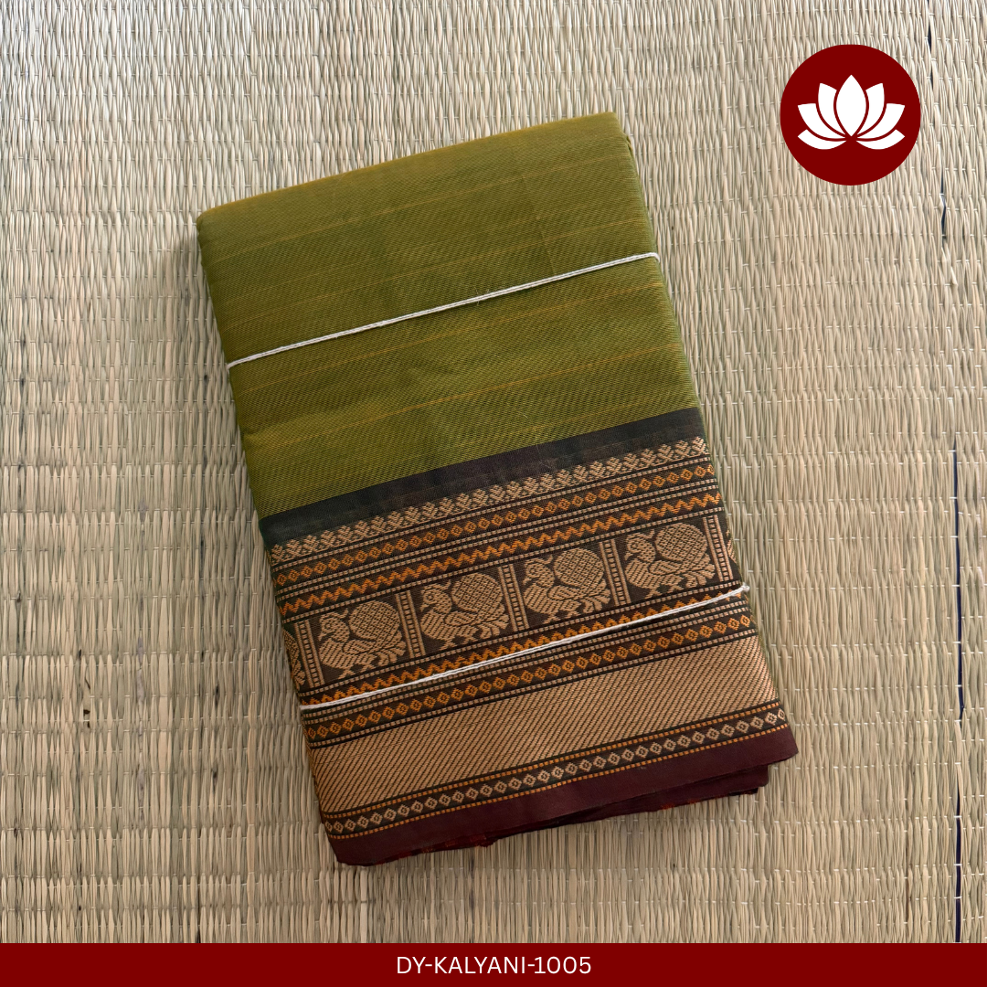 Rekha Series: Olive Green & Maroon Kalyani Cotton Saree with Golden Peacock Zari Border