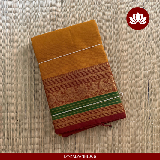 Rekha Series: Mustard Yellow & Crimson Red Kalyani Cotton Saree with Green Accent & Peacock Zari Border