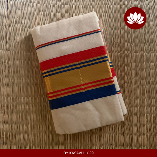 Kasavu Series : Blue, Red and Golden Kasavu Set Mund 2.8m