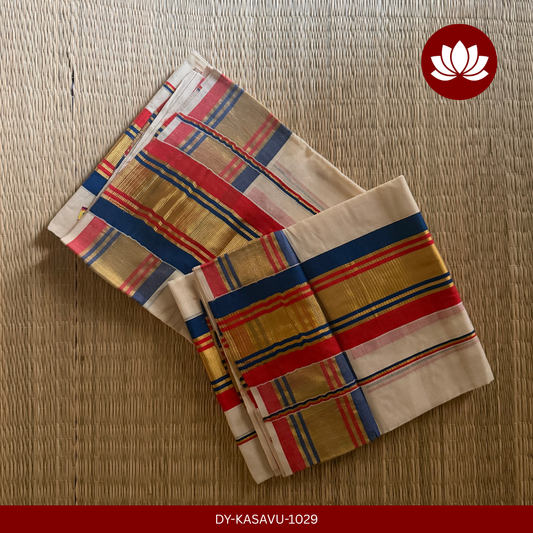 Kasavu Series : Blue, Red and Golden Kasavu Set Mund 2.8m