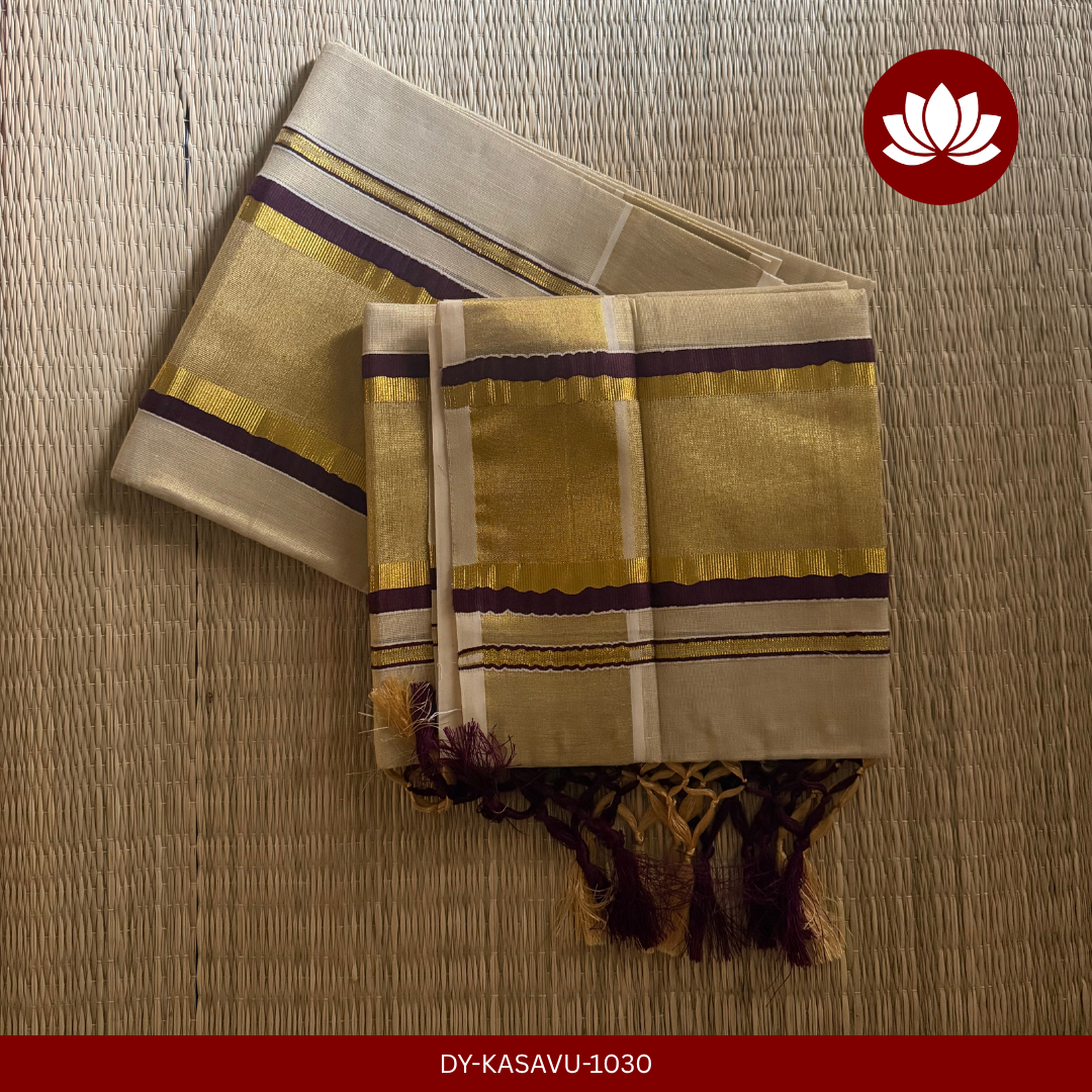 Kasavu Series : Violet Colour Kasav Border Set Mund 2.8m